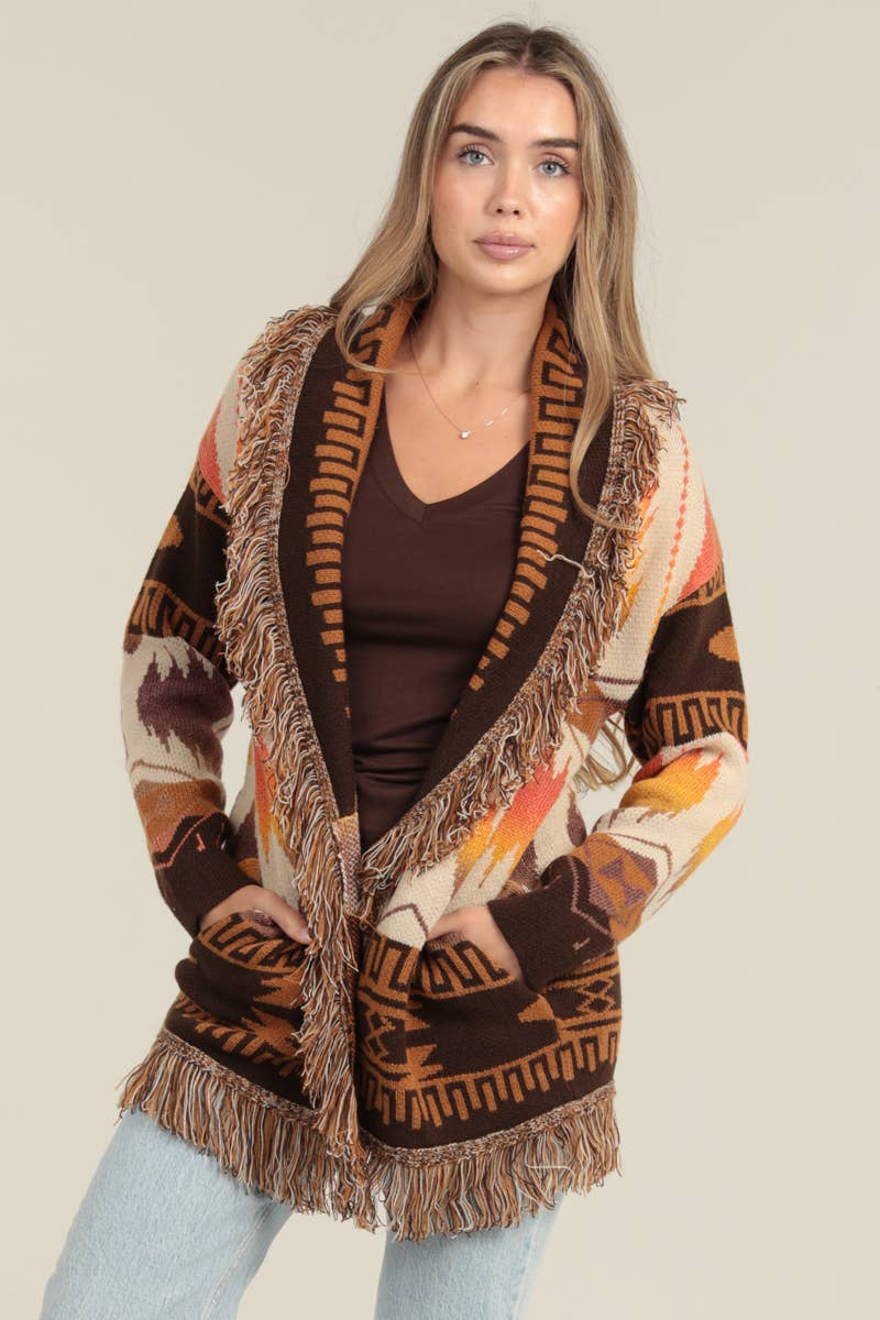 ANGIE - Vendita all'ingrosso Cardigan - Donna - Cardigan con frange e collo a scialle azteco XHS96-ASIS0