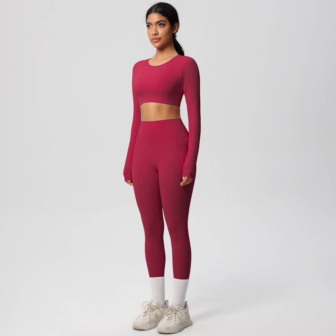 Sodalemon - Wholesale Activewear Set - Women's - Women High-Waist Yoga Set:Cropped Long Sleeve Top + Leggings5