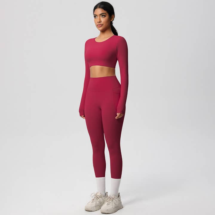 Sodalemon - Wholesale Activewear Set - Women's - Women High-Waist Yoga Set:Cropped Long Sleeve Top + Leggings5