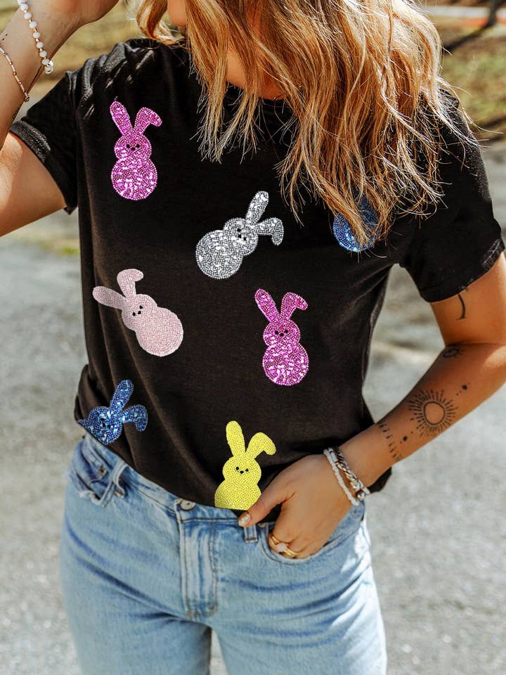 T-shirt graphique de Pâques avec lapin à sequins pour la vente par 1 the Woman