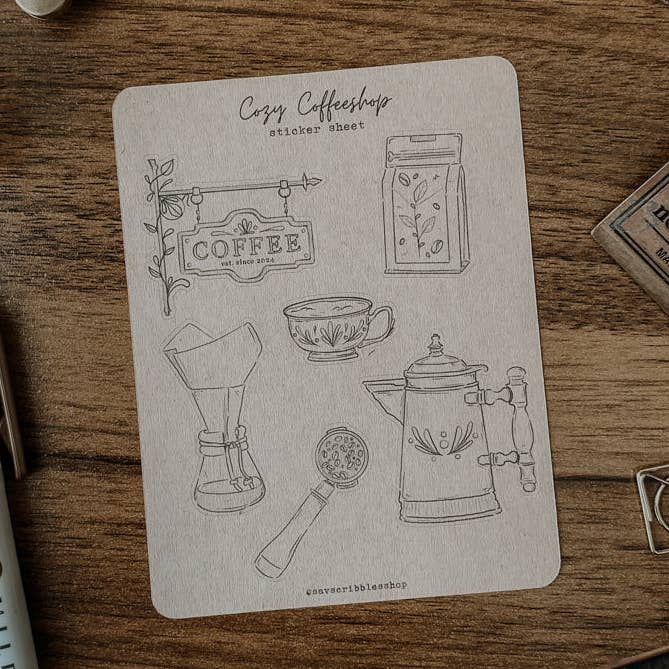 Feuille d'autocollants de café confortable pour la vente par Savannah Scribbles Shop