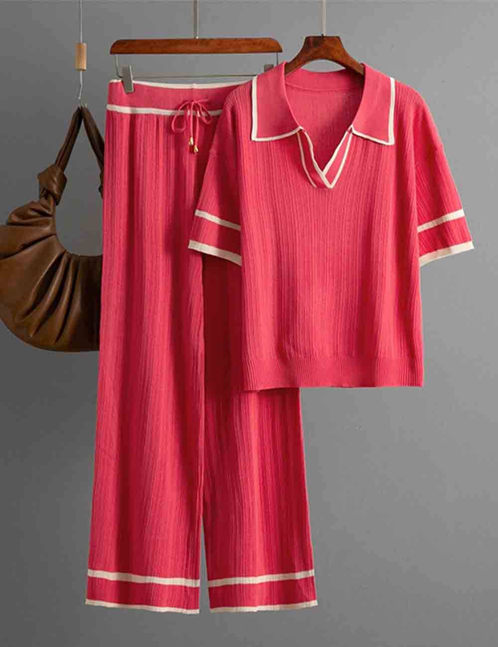 Sweetkama - Wholesale Lounge Set - Women's - Ladies Color Block Polo Collar Knit Top & Pants 2PCS Set20