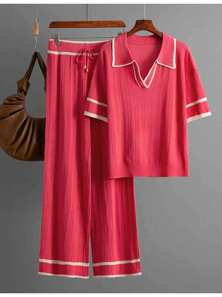 Sweetkama - Wholesale Lounge Set - Women's - Ladies Color Block Polo Collar Knit Top & Pants 2PCS Set20