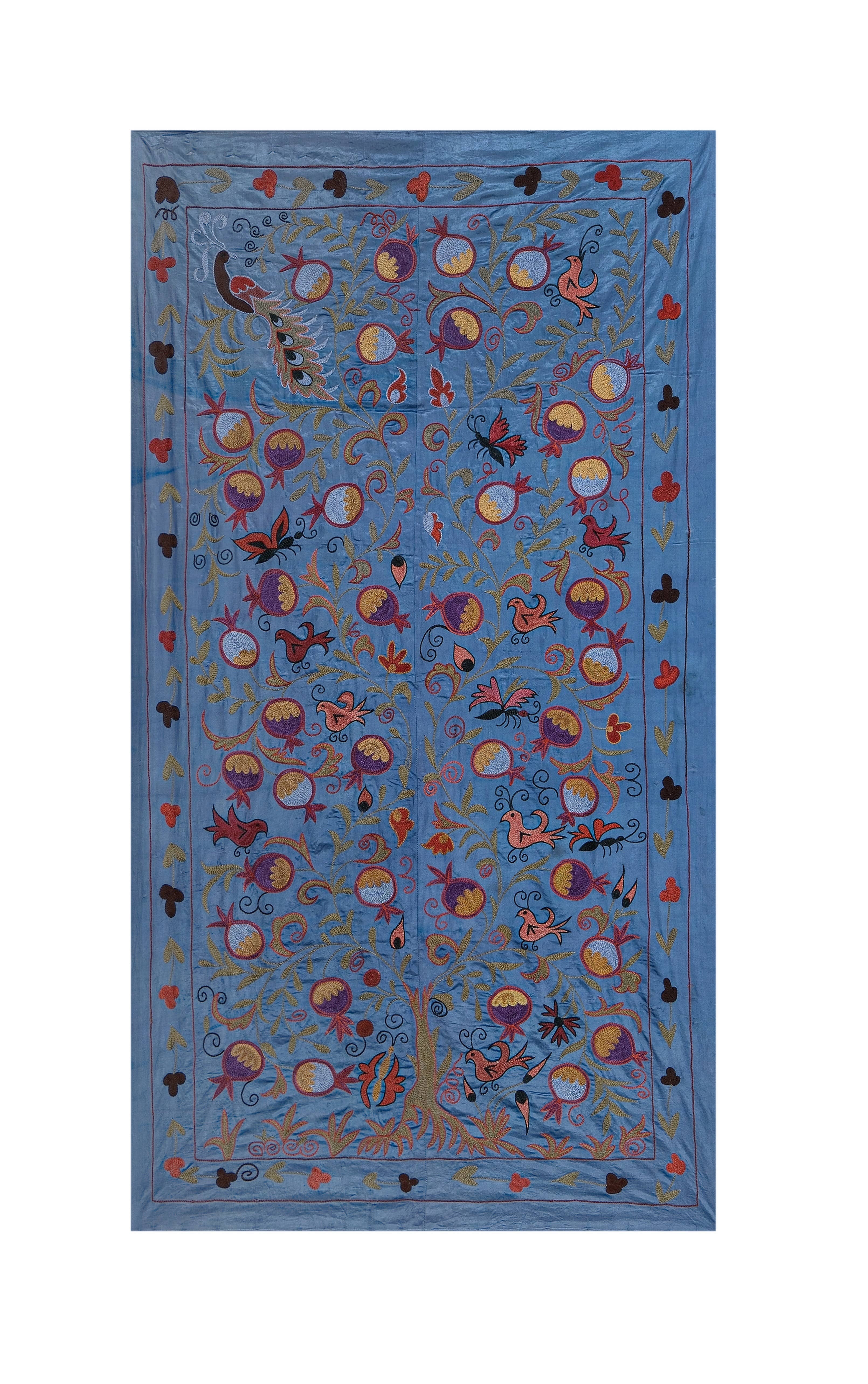 Vintage Pillows Store – wholesale Table runner – 1960s Silk Suzani Blue Runner With Tree of Life Pattern0