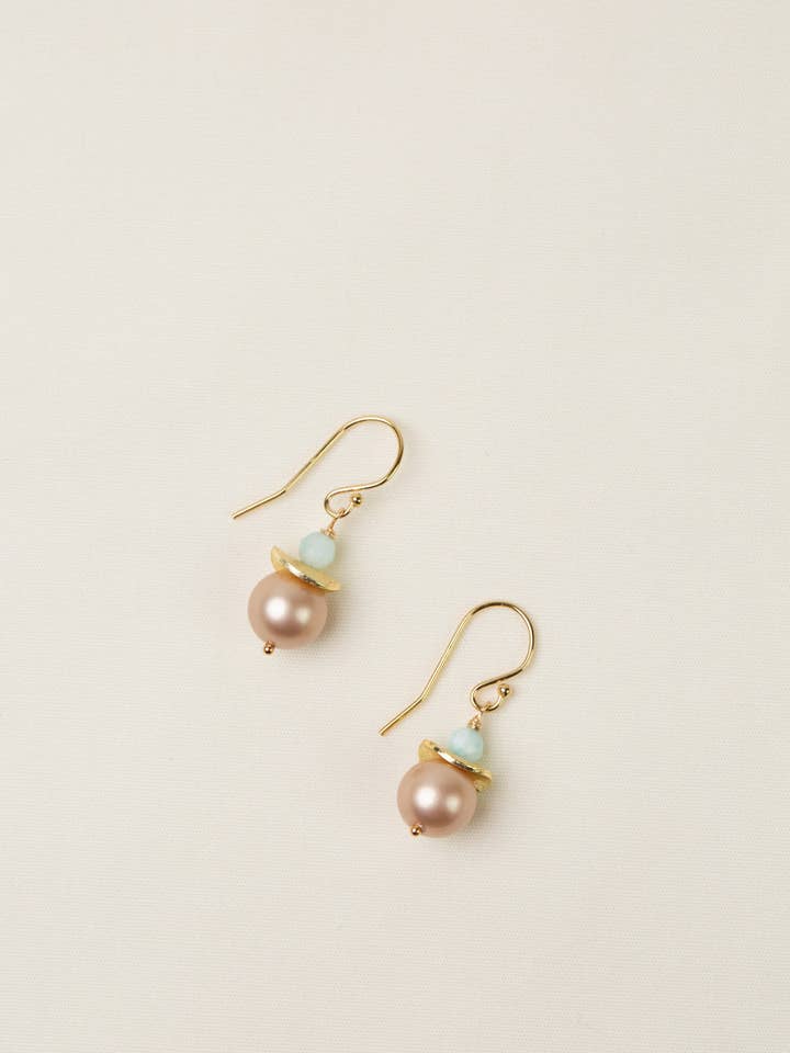 Solace Pearl, Aquamarine Simple Earrings for wholesale by Anne Vaughan Designs Jewelry