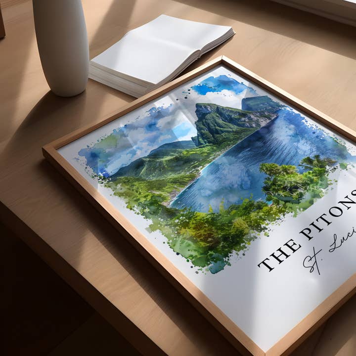 Premium Travel Art - Wholesale Art Print - The Pitons St. Lucia Wall Art, Pitons Print, Saint Lucia Watercolor, St Lucia Gift,1
