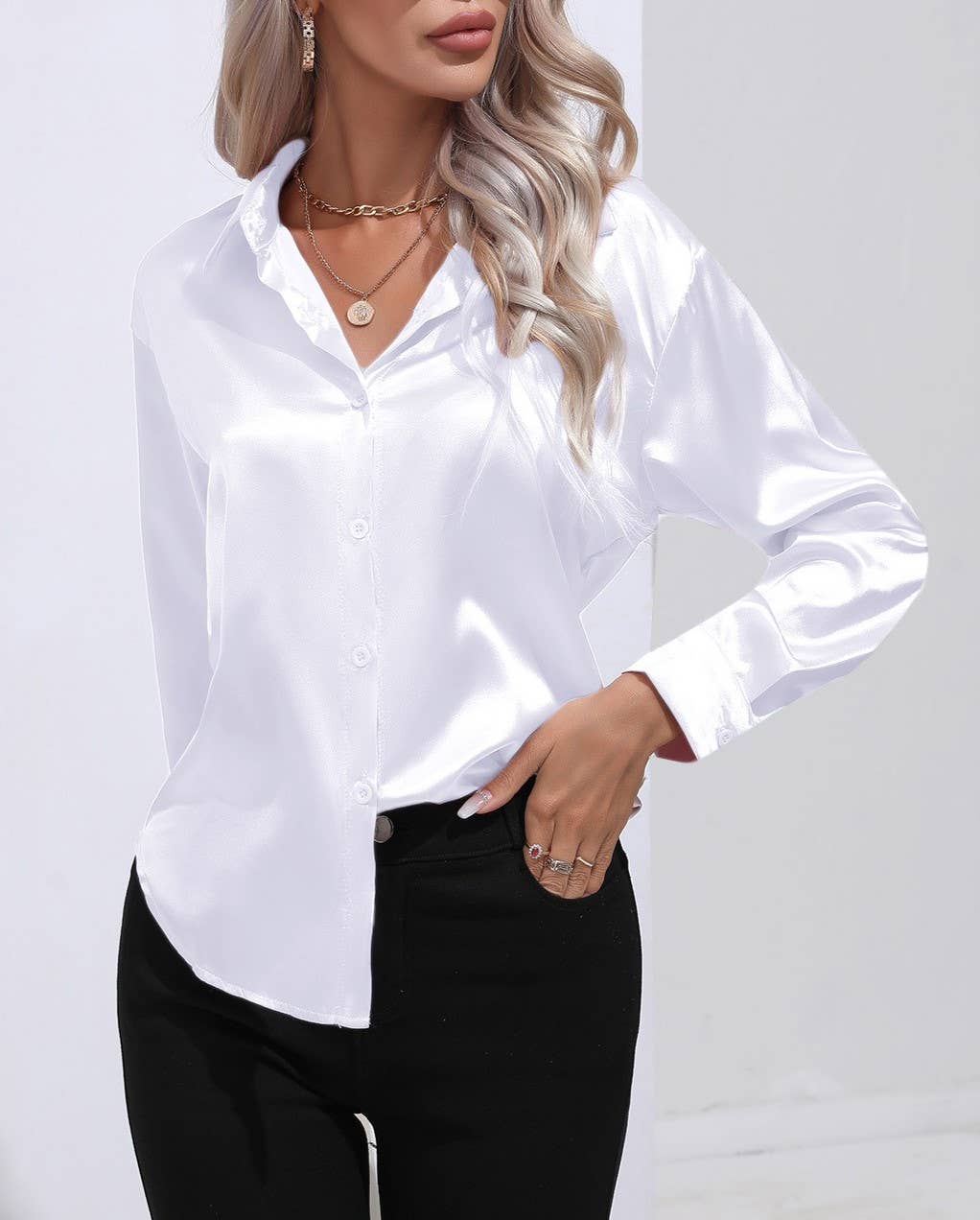 HIDDENBRAND - Wholesale Button Down Shirt - Women's - Satin Faux Silk Long-Sleeved Shirt17