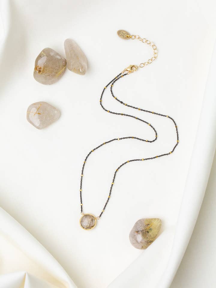Alchemy 15.25-17.25" Faceted Gold Rutilated Quartz Coin Shaped Bezel Simple Necklace for wholesale by Anne Vaughan Designs Jewelry