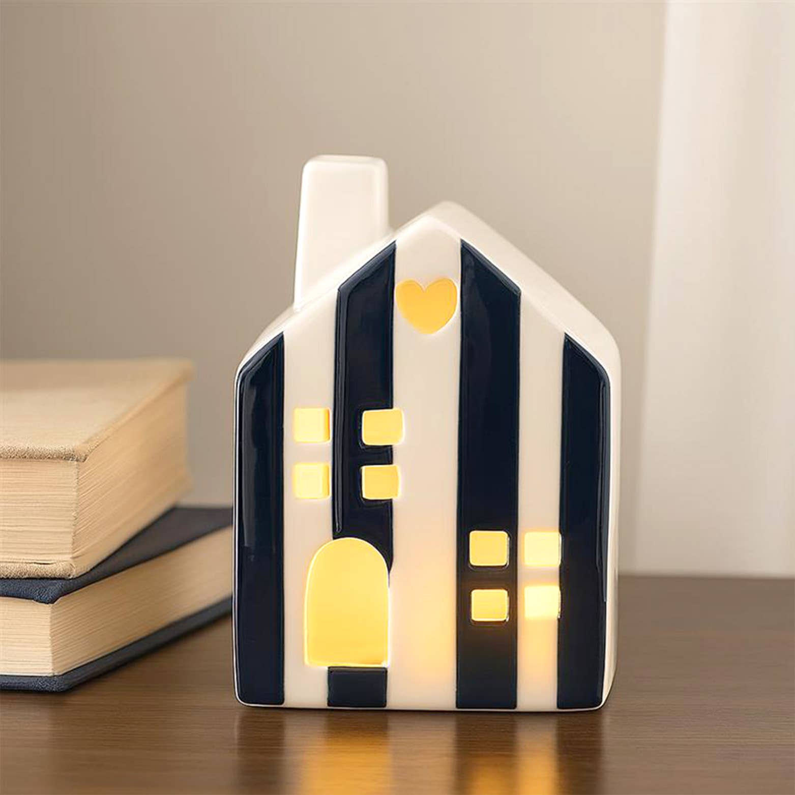 Opjet Paris - Wholesale Decorative Tabletop Object - Black striped LED battery-powered light-up house decoration D7 H10cm1