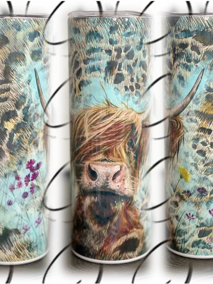 Leopard Highland Cow 20oz Skinny Tumbler for wholesale by CMD Wholesale