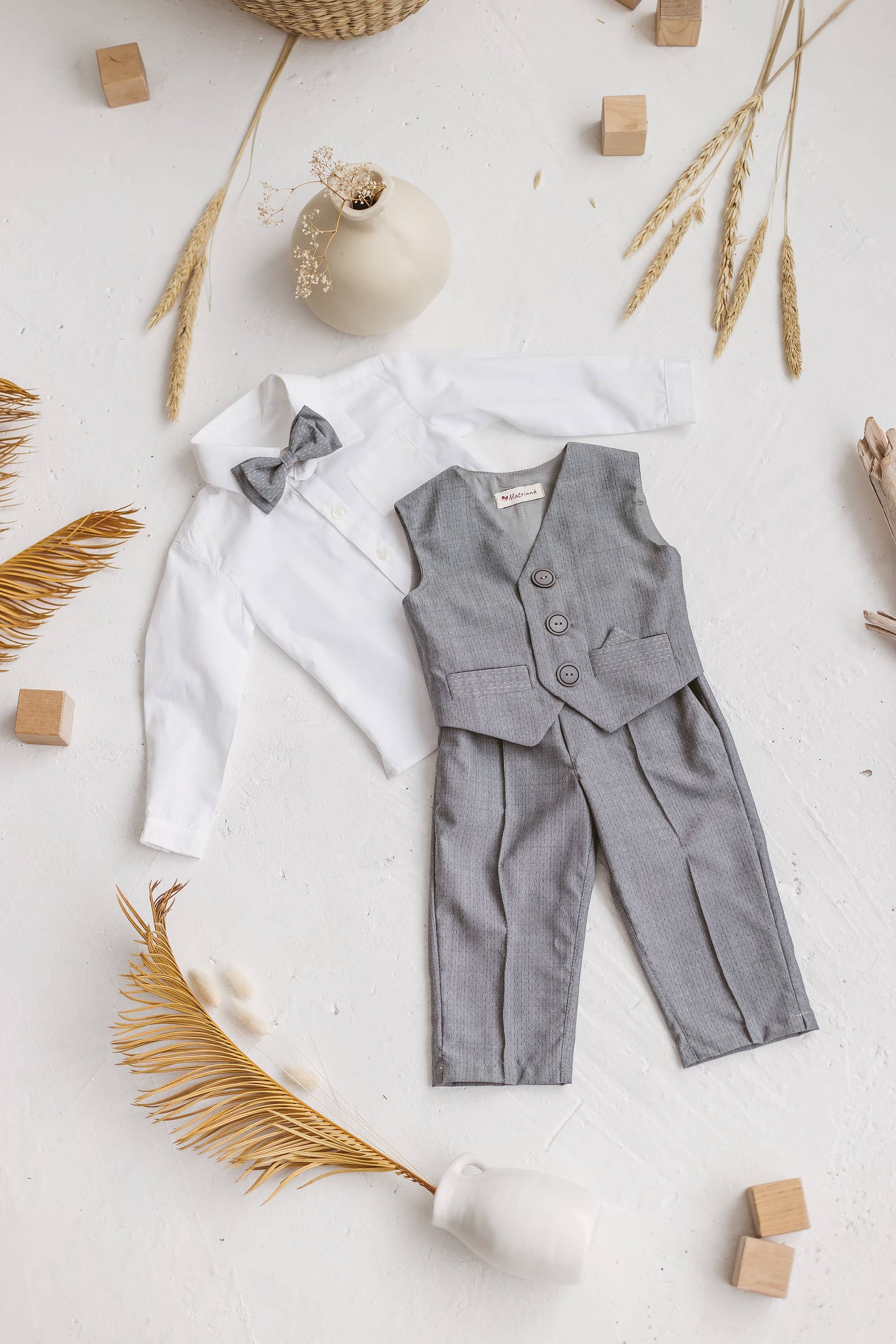 Matrinna - Wholesale Suit - Kids - Grey Full Cotton Tuxedo Suit for Baby Boys