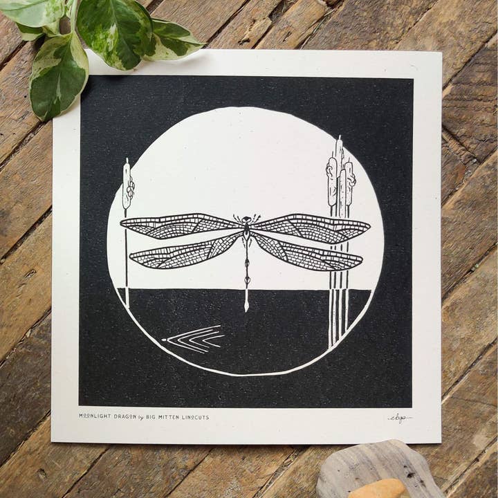 Moonlight Dragon Linoprint for wholesale by Big Mitten Linocuts