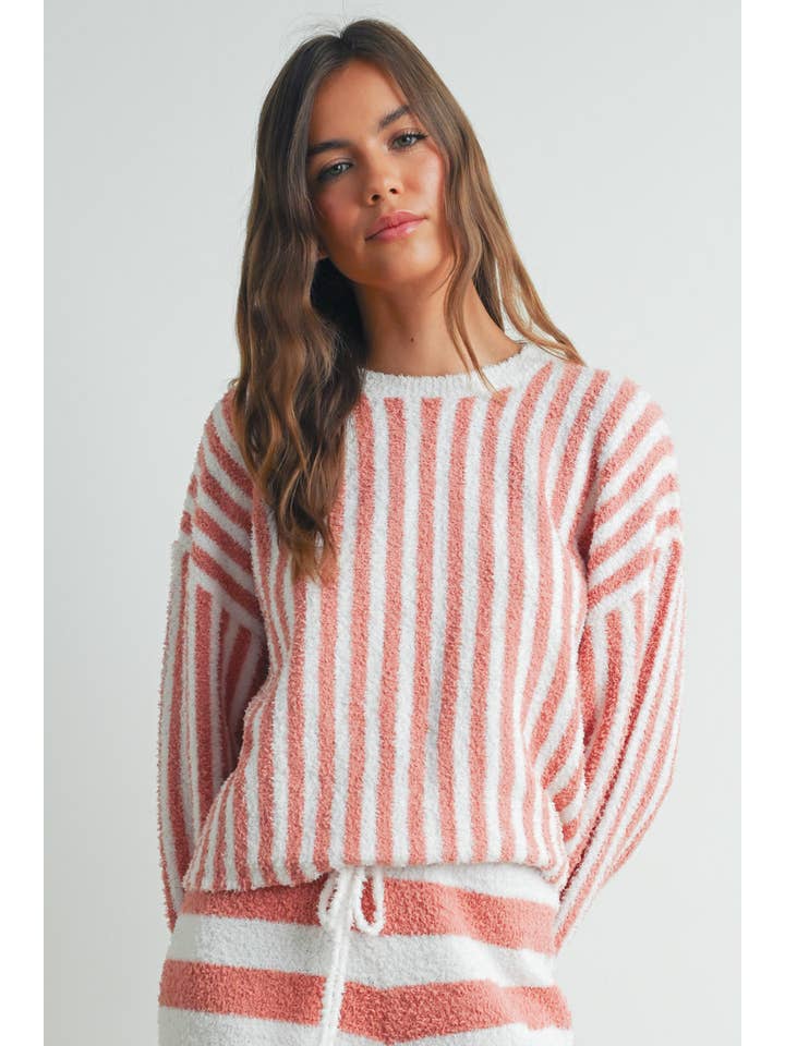 BUTTERMELON - Wholesale Knit Sweater - Women's - Cozy Striped Round Neck Sweater - BMW7492