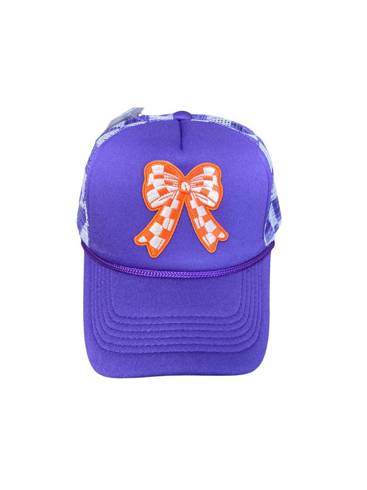 Purple & Orange Bow Checker Trucker Hat - Game Day Clemson for wholesale by Valois Designs