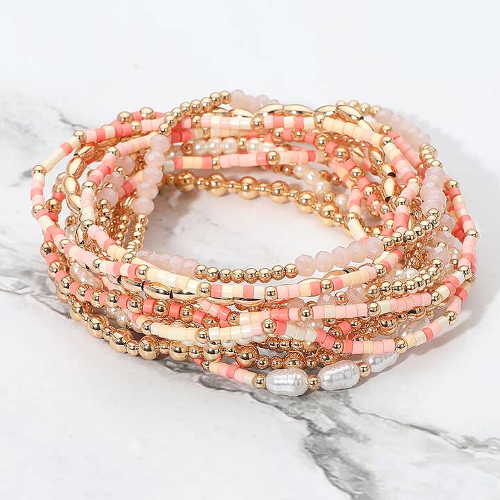 Sensibling Corp. - Wholesale Jewelry Set - 12PCS - Pearl Metal Ball Seed Faceted Beaded Stretch Multi Layered Bracelets