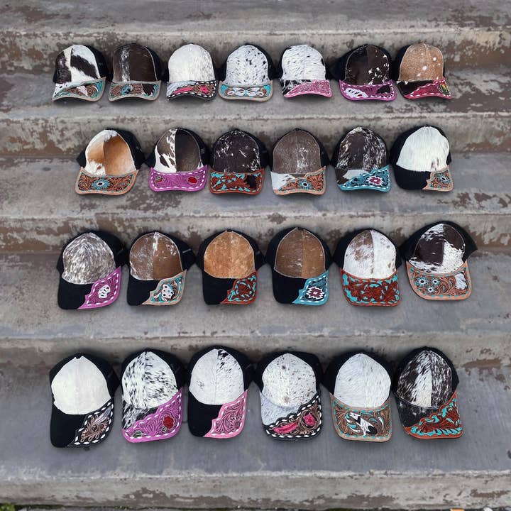 Western Linens - Wholesale Trucker Hat - Unisex - Cowhide Tooled Wolf Cap