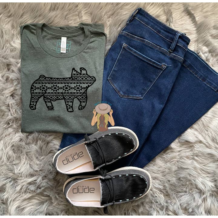 Aztec Print Show Pig Tee - Heather Olive for wholesale by Sweet Valley Tees