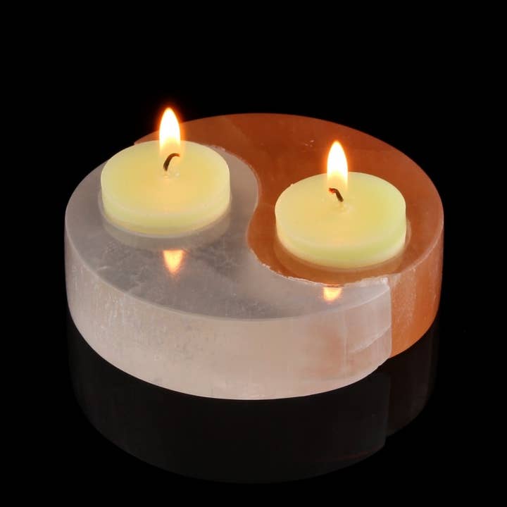 Yin and Yang selenite candle holder for wholesale by UniArt