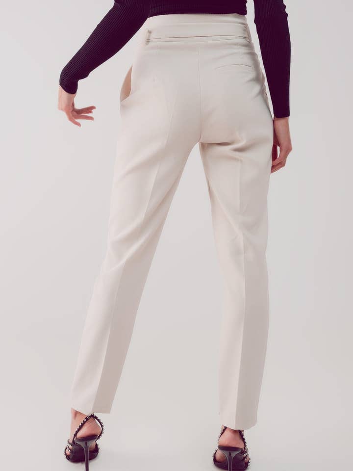 White cigarette pants with paper-bag waist in cream for wholesale on Faire