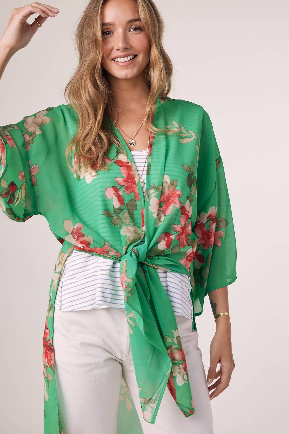 APPLE GREEN FLORAL CHIFFON KIMONO for wholesale on Faire6