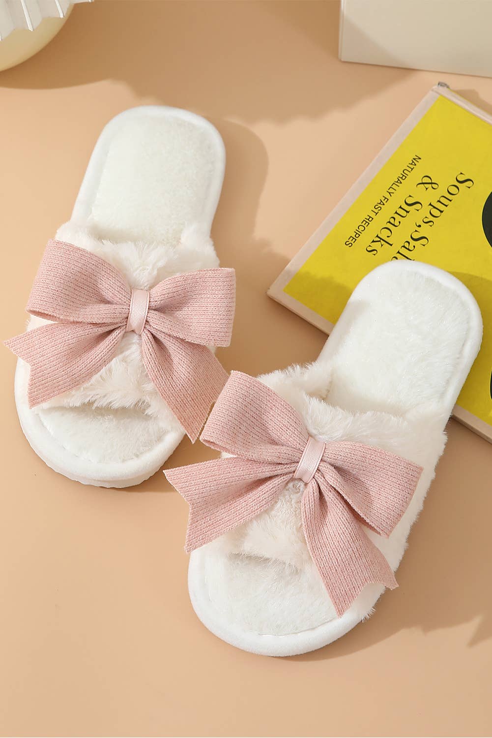 As shown Bow Knot Decor Plush Slippers | US6-11 for wholesale on Faire6