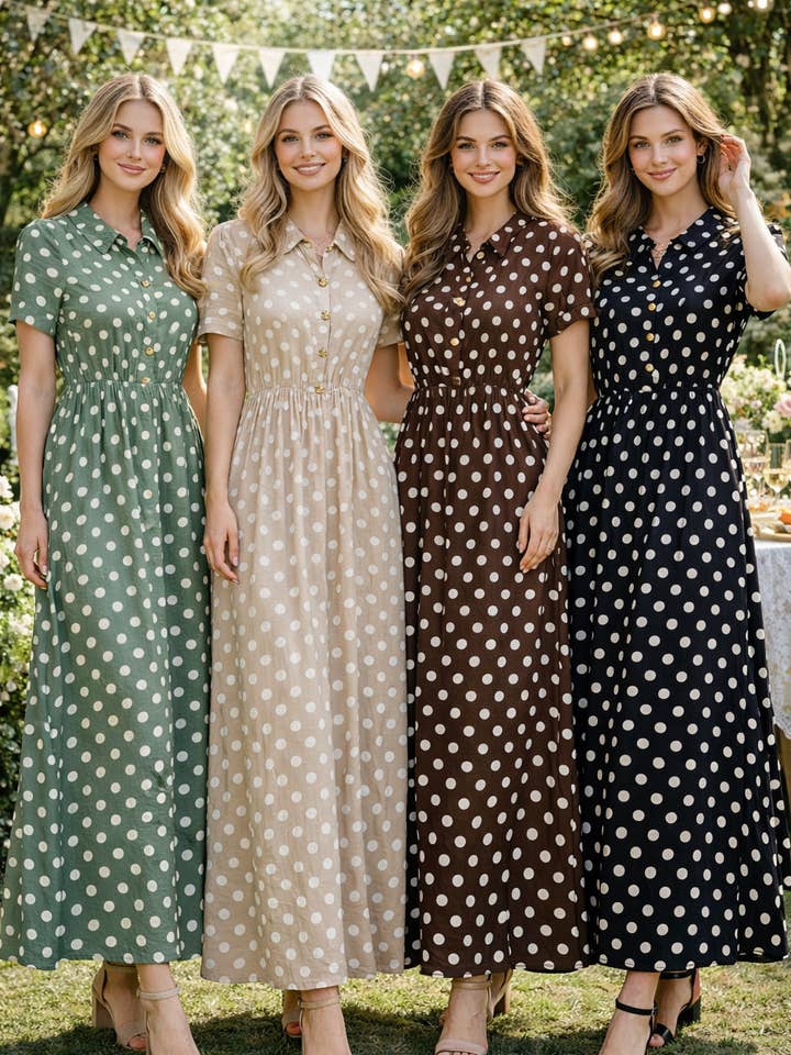 Abito Venetia a pois con bottoni a ciottolo dorati per la vendita all'ingrosso da parte di Kurt Muller