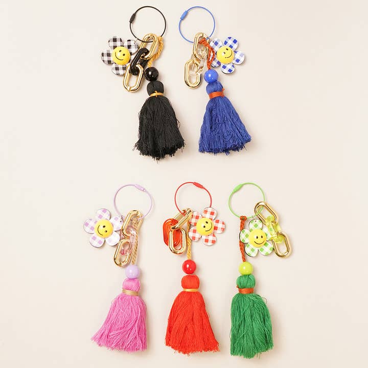 Happy Face Gingham Flower Tassel Keyring Bag Charm for wholesale by Fashion City