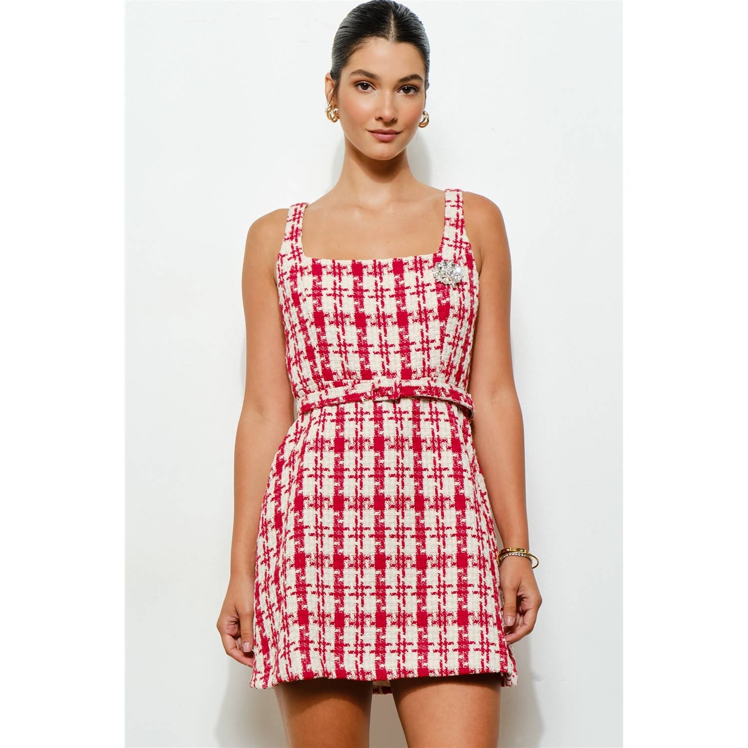 INA - Wholesale Dress - Women's - Check Tweed Brooch Detail Belted Mini Dress1