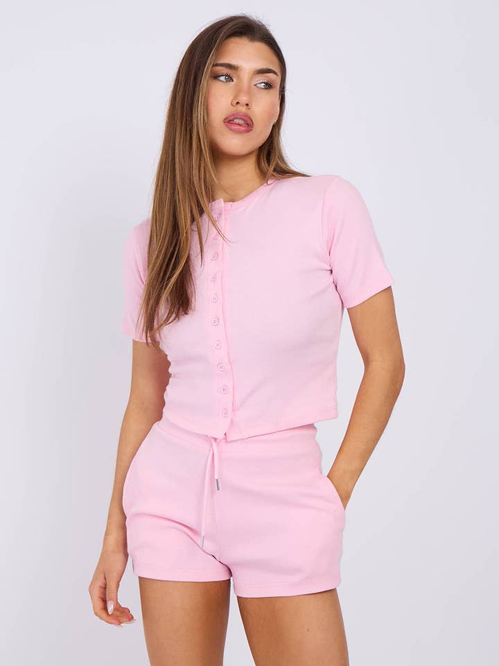 AX Labels - Wholesale Lounge Set - Women's - Ribbed Button Through Short Sleeve Top and Shorts Co-ord30