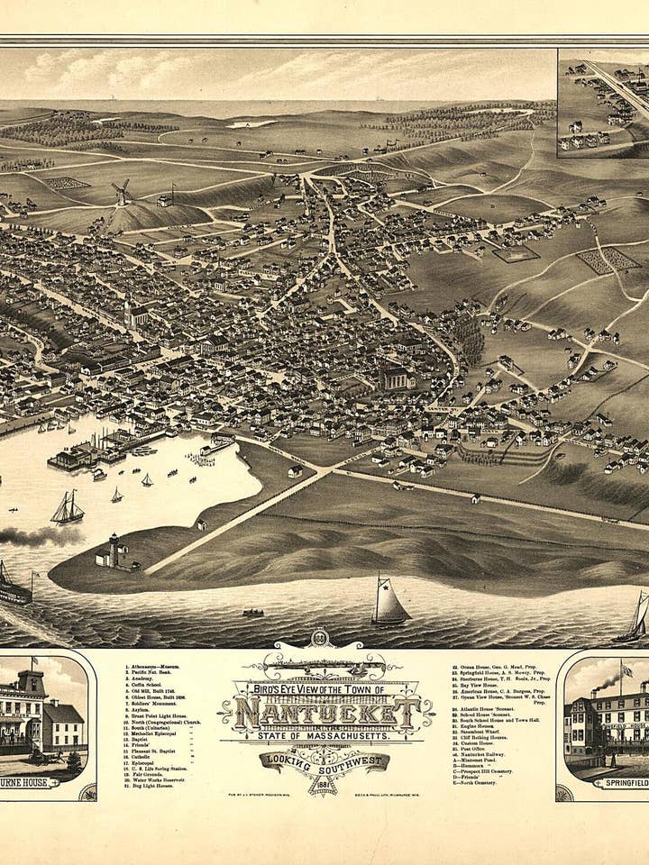 Bird's Eye View of the Town of Nantucket In the State of Massachusetts. 1881 for wholesale by Relic Map Co.