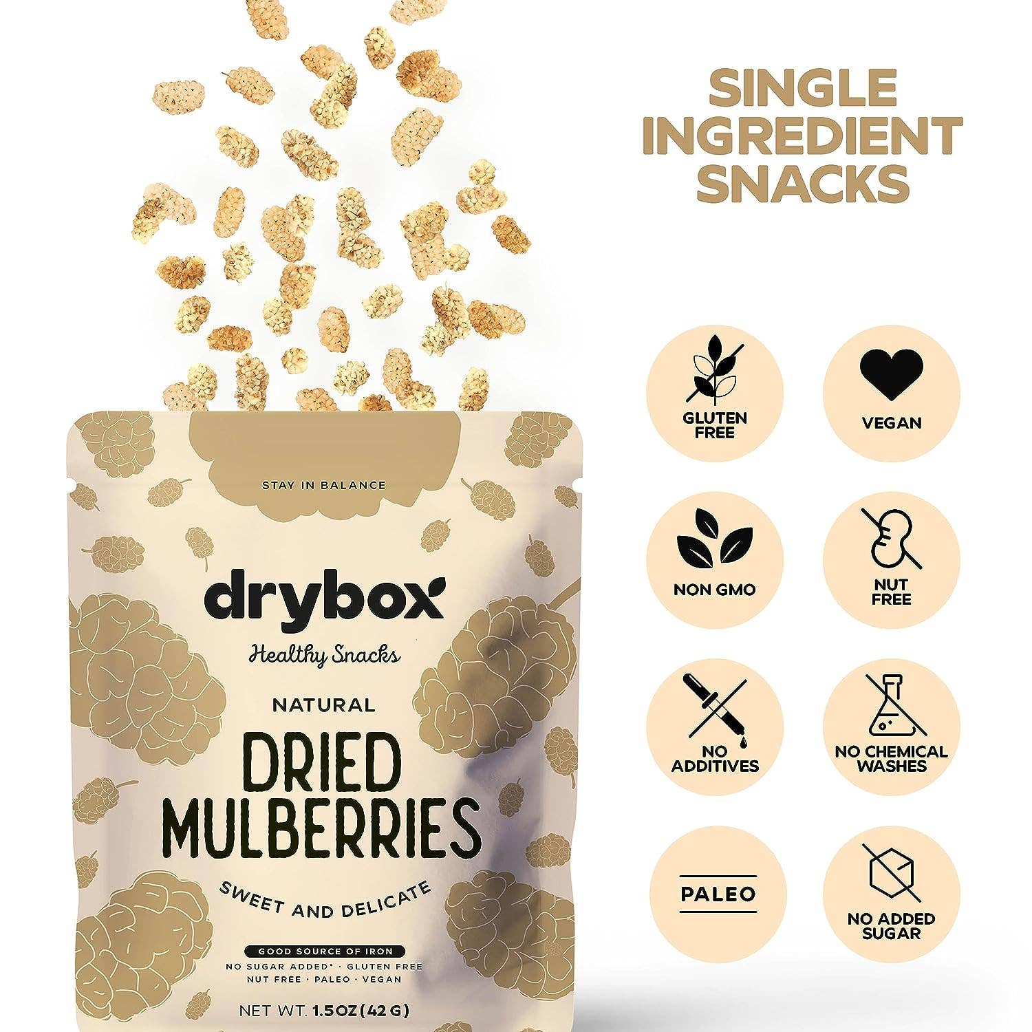 DRYBOX - Wholesale Dried/Dehydrated Fruit - Drybox Dried Mulberries 1.5oz x 12packs Portion Packs1
