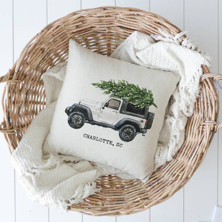 Porter Lane Home - Wholesale Throw Pillow Cover - White Jeep Custom Location Pillow Cover