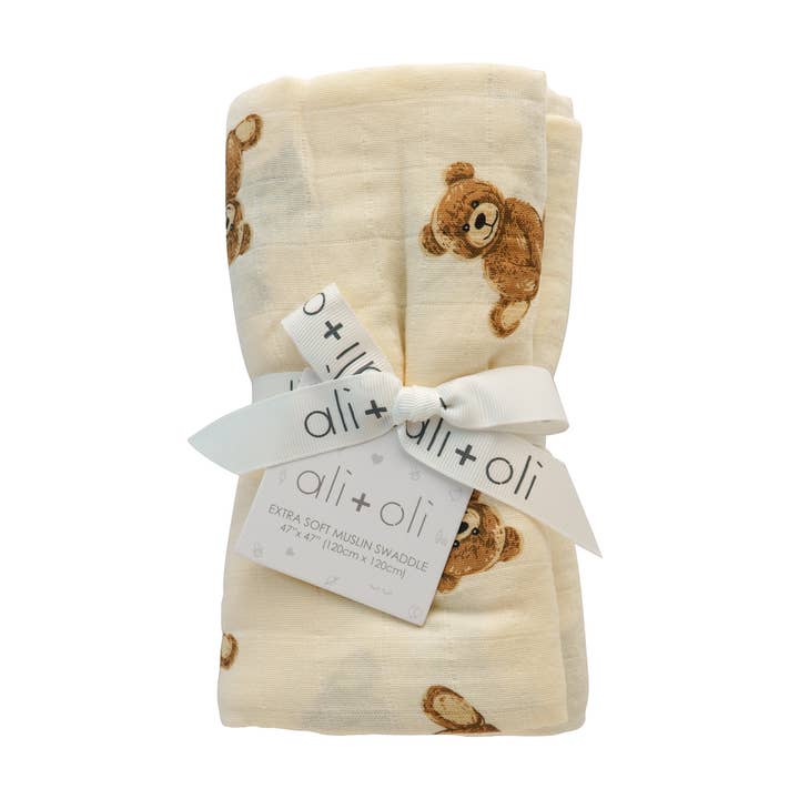 Ali+Oli - Wholesale Swaddle - Baby - Bamboo Muslin Swaddle Blanket (Teddy Bear)