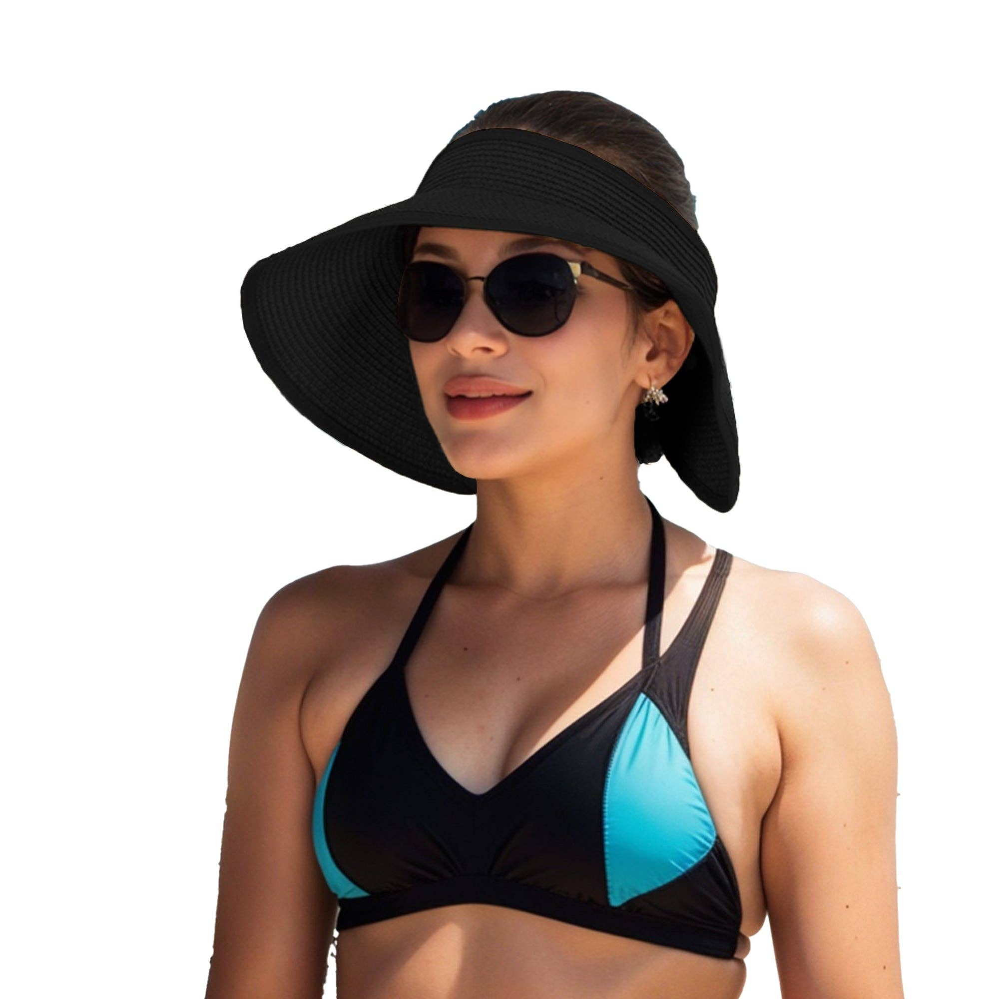 AK Brand – wholesale Visor – Women's – Wide Brim Roll-Up Straw Sun Visor Packable Beach Hat UV12