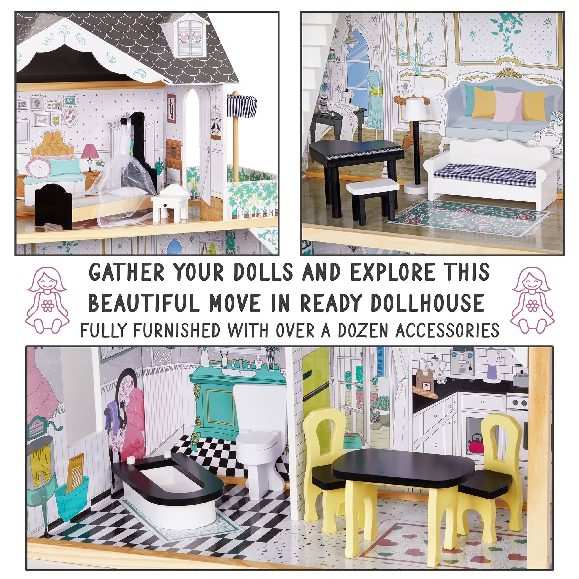 Jumbl - Wholesale Doll Accessory Kit - Kids - 3-Story Wooden Doll House Set W/Elevator, Balcony & Stairs12