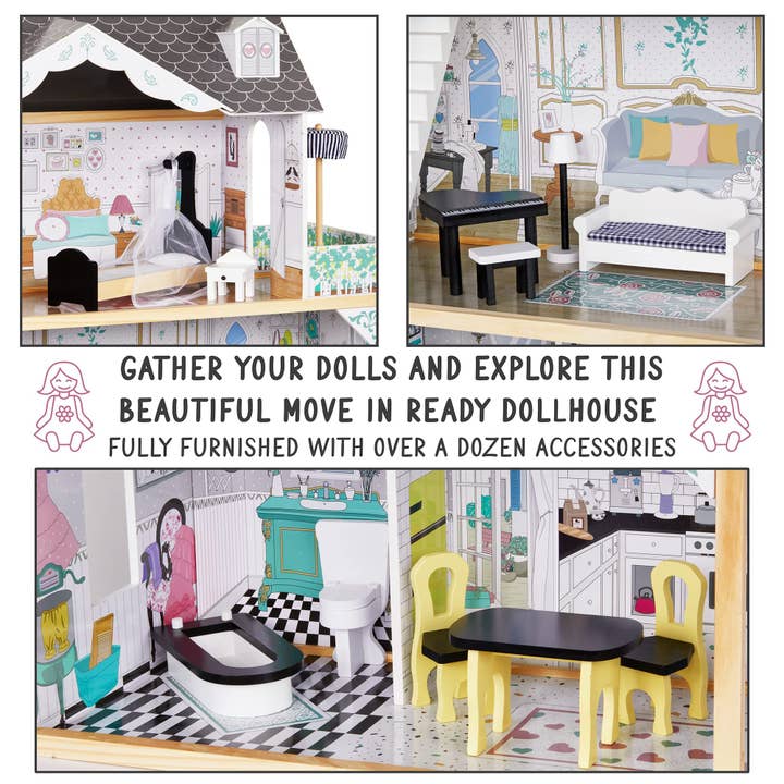 Jumbl - Wholesale Doll Accessory Kit - Kids - 3-Story Wooden Doll House Set W/Elevator, Balcony & Stairs12