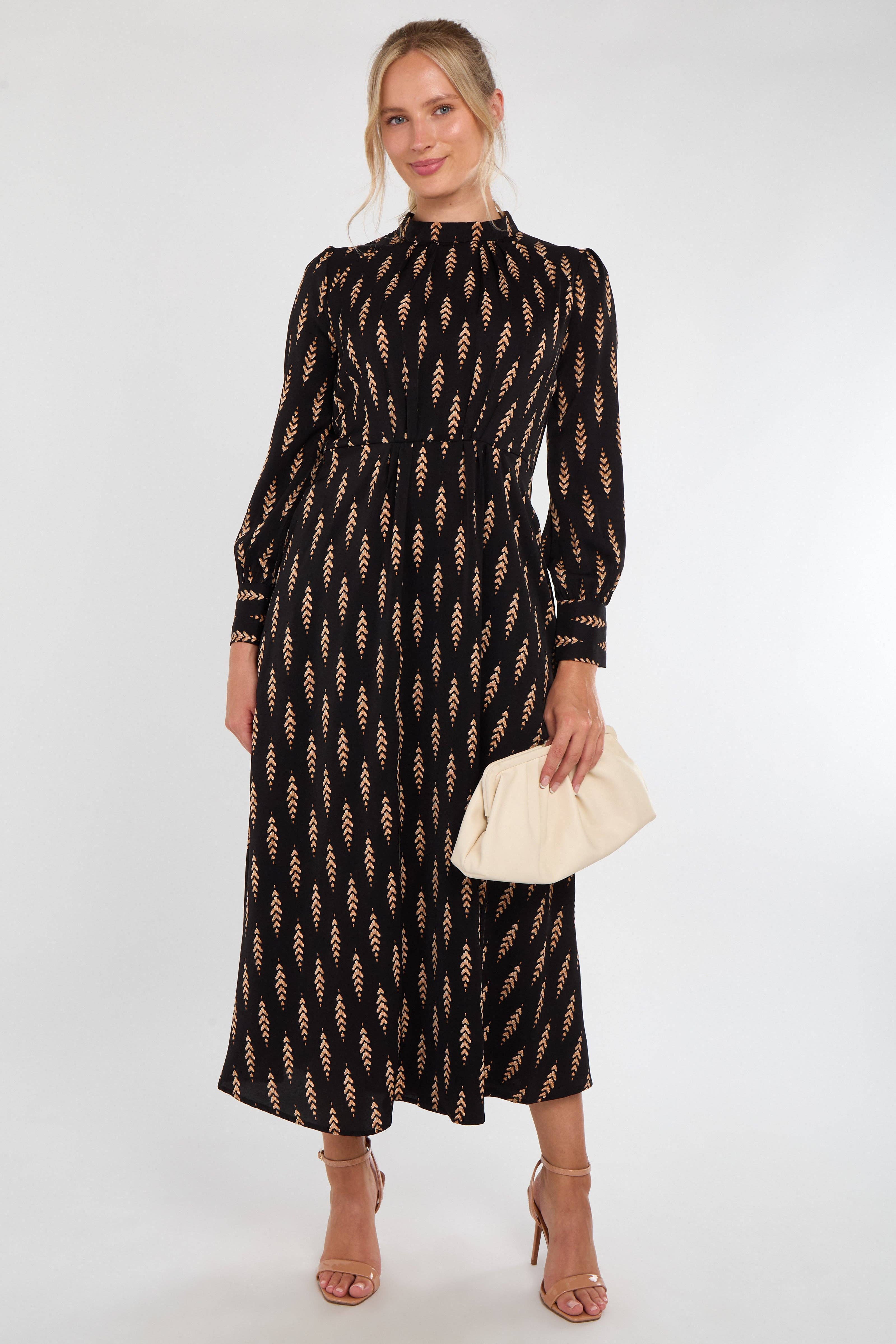 Black Tan Chevron Print Pleated Skirt Maxi Dress for wholesale on Faire1