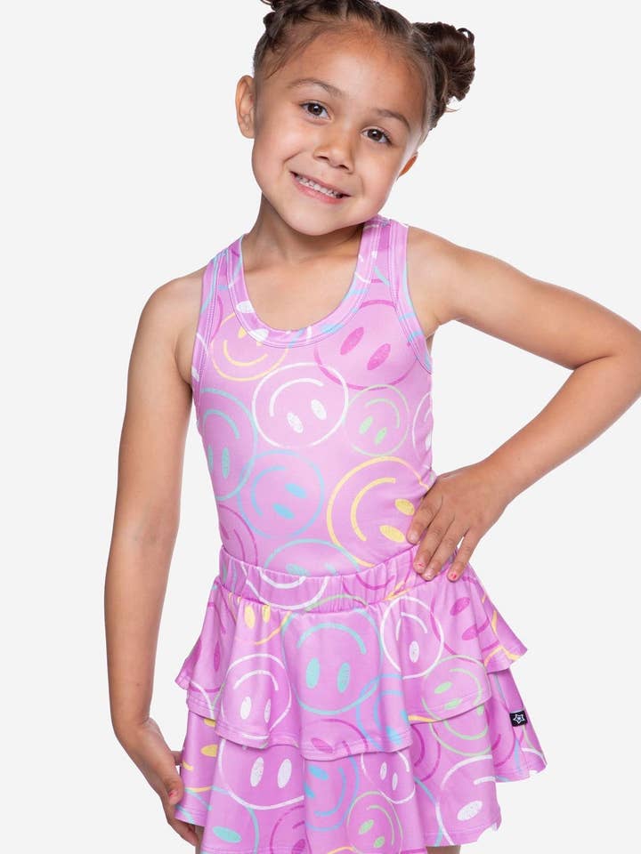 Simply Soft Cropped Racerback Tank & Ruffle Skort - Pink Outline Smiley for wholesale on Faire