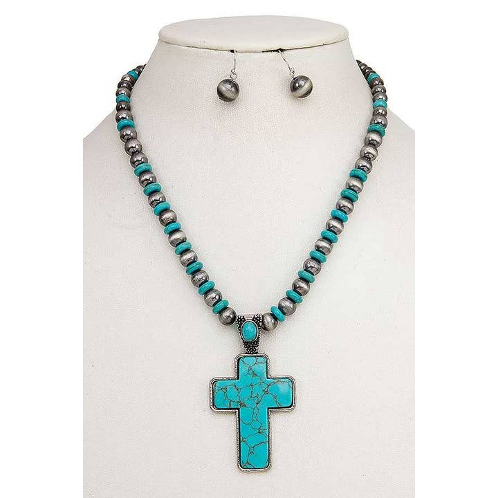 anbfashion – Großhandel Schmucksets – KREUZ EDELSTEIN ANHÄNGER PERLENKETTE SET 702