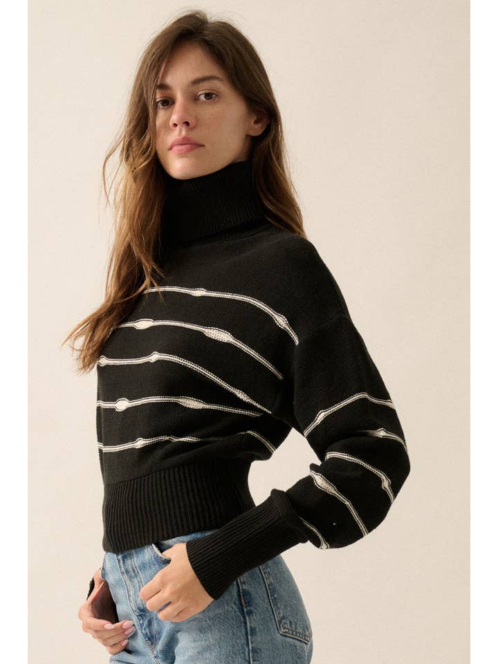 Promesa USA - Wholesale Knit Sweater - Women's - Striped Knit Banded-Hem Cropped Turtleneck Sweater