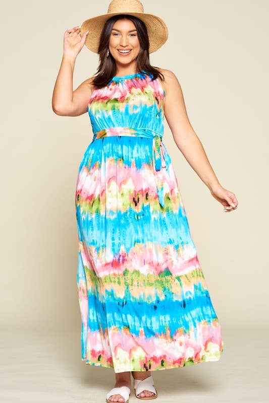 Blue Pink ETD-687-PL Tie Dye High Neck Maxi Dress for wholesale on Faire2