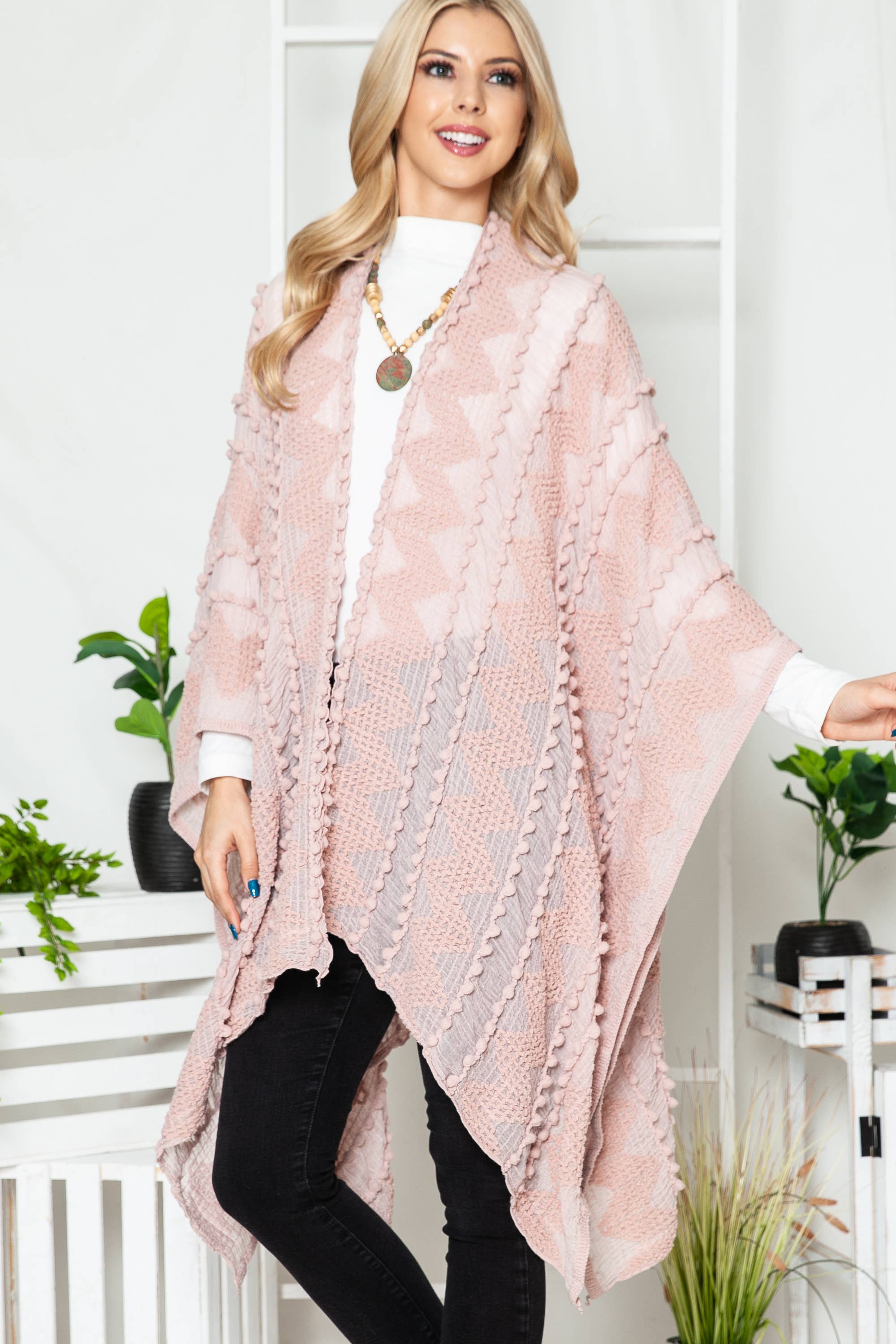 Justin & Taylor - Wholesale Kimono - Women's - Puffer-Up | Soft Textured Cover-Up Kimono With Pom Detail31