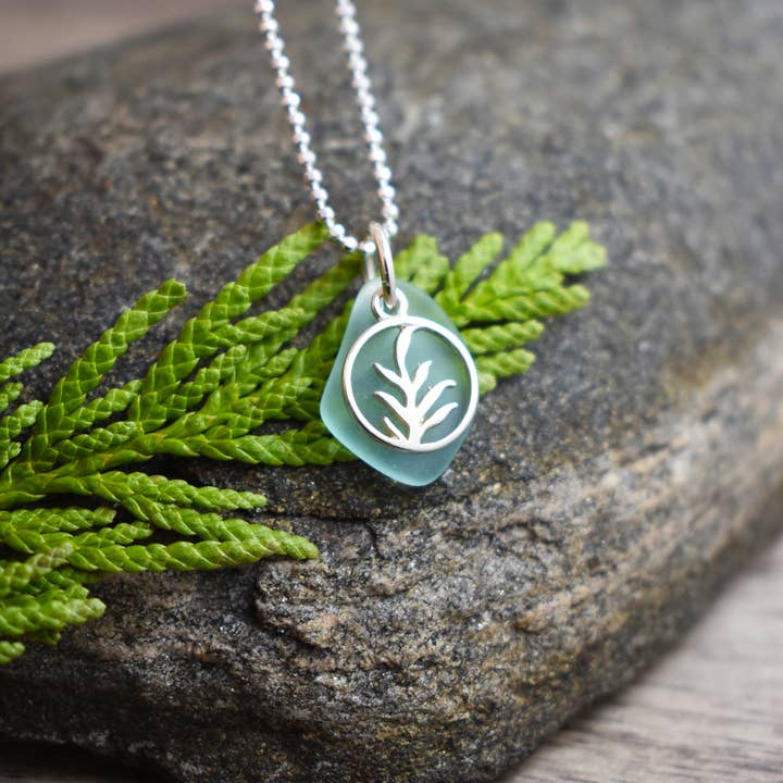 Tiny Fern Eco Glass Necklace - Seafoam Aqua Matte Frosted for wholesale by Whitelotus Design