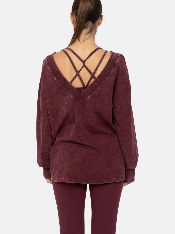 Mono B - Wholesale Shirt - Women's - Mineral Wash Cotton Blend Deep V-Neck Long Sleeve