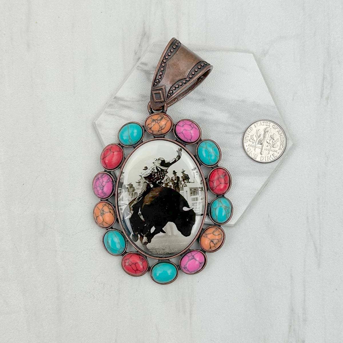 Western Elite Jewelry - Wholesale Individual Charm/Pendant - PD231210CP-33                 Copper metal with blue turquoise stone oval cowboy Pendent1