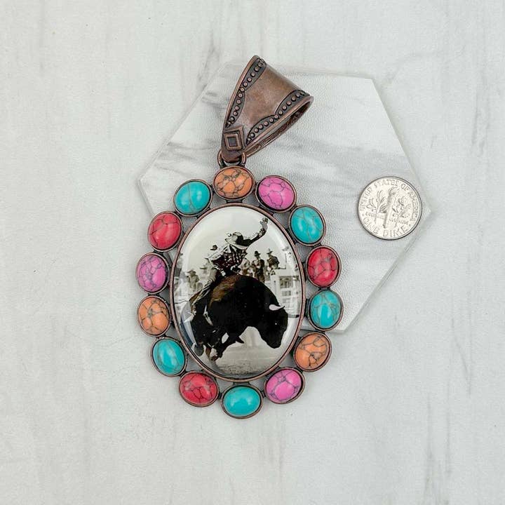 Western Elite Jewelry - Wholesale Individual Charm/Pendant - PD231210CP-33 Copper metal with blue turquoise stone oval cowboy Pendent1
