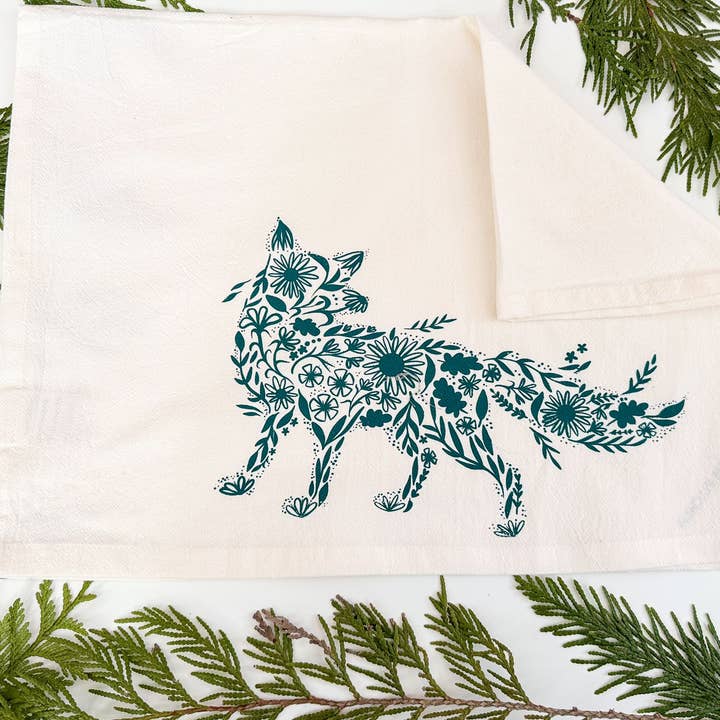 Tea Towel / Teal Floral Fox / Kitchen Towel for wholesale by Your Green Kitchen