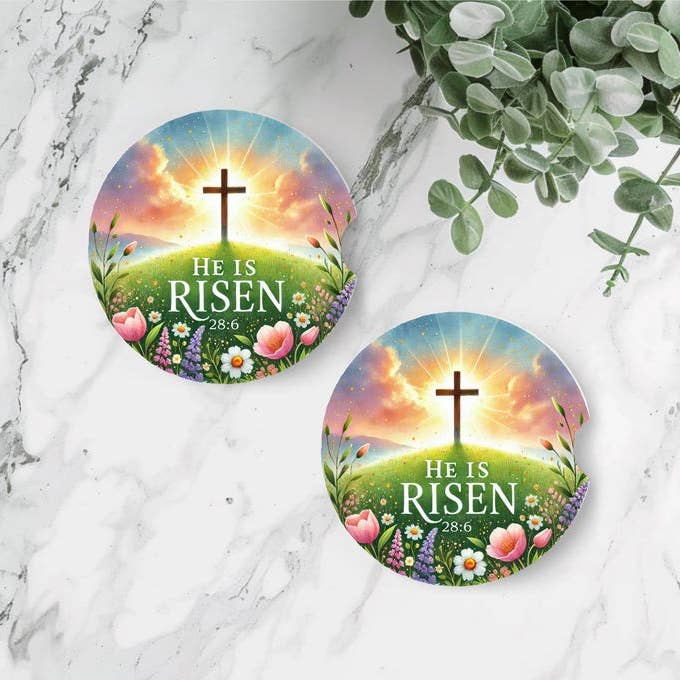 Auto-Untersetzer "Er ist auferstanden" (2er-Set) | osterliche christliche Neopren-Becherhalter-Einsätze | Matthäus 28,6 | religiöse Autodeko | Glaubensgeschenk für Frauen für den Großhandel von Uniquely Designed By Rebecca