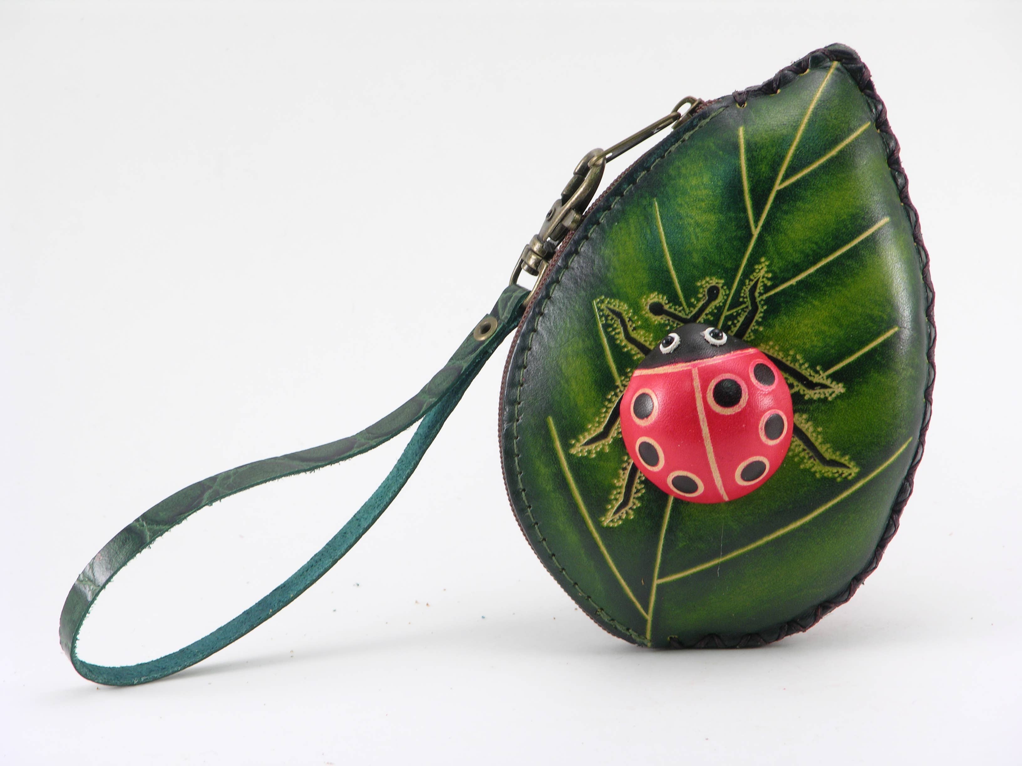 Sunflower Handmade leather inc - Wholesale Coin Purse - Women's - Ladybug With Leaf Wristlet- E526 leather coin purse wallet2