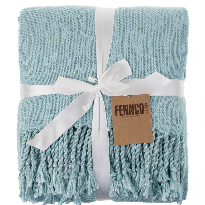 Fennco Styles - Wholesale Throw Blanket - Aqua Classic Woven Fringed Throw Blanket